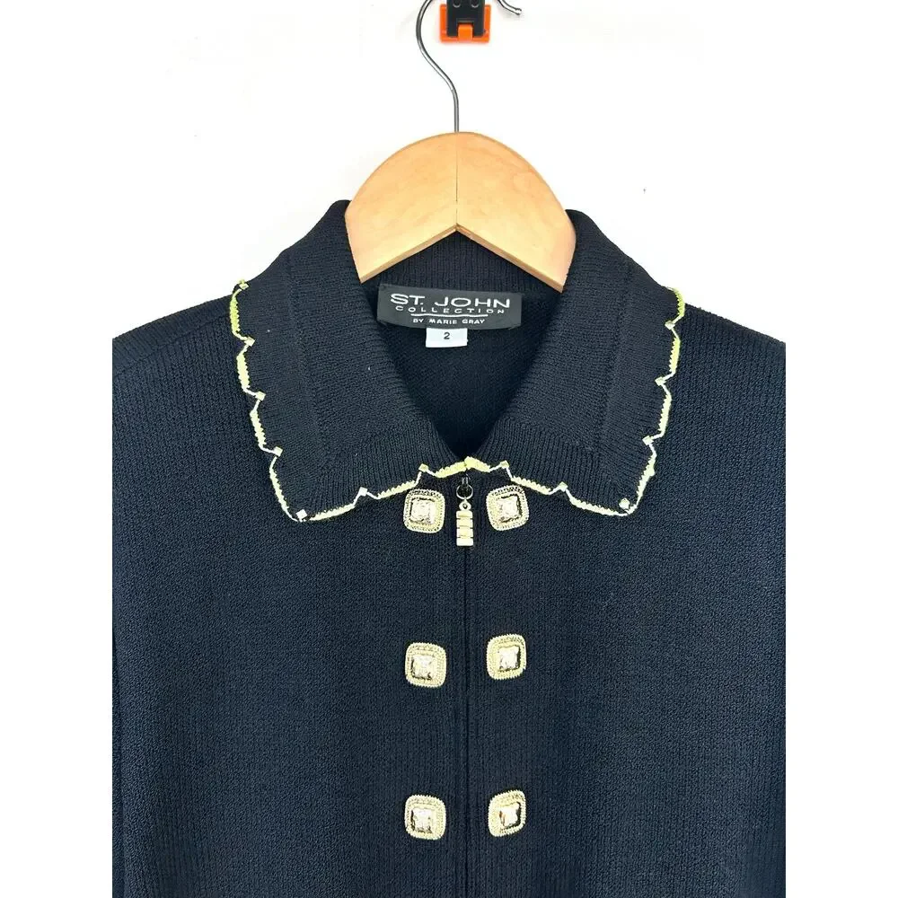 St. John Black Military Jacket Santana Knit Zip Gold Buttons Sweater Preppy 2